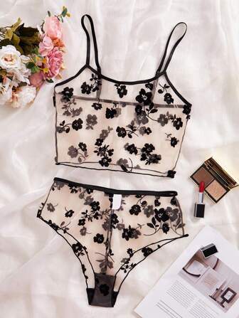 2 Stücke Damen Sexy Wäsche Set, schwarze Mesh transparente Blumen Muster BH ohne Polsterung und Slip mit hoher Taille, erschwingliche Dessous
