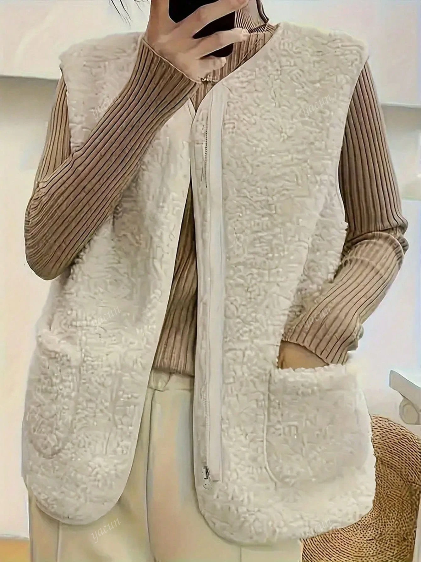 Faux shearling vest for women retro sleeveless jacket furry leather