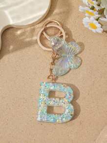 1pc Creative Keychain With Letter Stone Resin Pendant, Butterfly Tassel Letter Charm Keyring For Girls - White - View 38