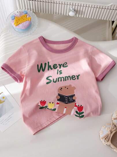 1pc Casual & Cute Book-Reading Teddy, Flower, Letter Graffiti Print Soft, Breathable, Loose Fit Round Neck Short Sleeve T-Shirt Pullover For Young Girls, Spring & Summer