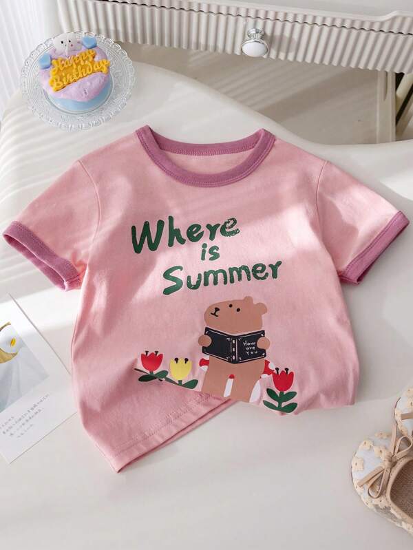 1pc Casual & Cute Book-Reading Teddy, Flower, Letter Graffiti Print Soft, Breathable, Loose Fit Round Neck Short Sleeve T-Shirt Pullover For Young Girls, Spring & Summer