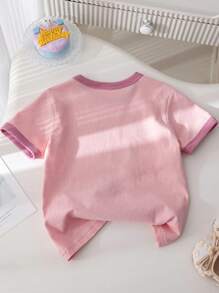 1 件休闲可爱读书泰迪熊、花朵、字母涂鸦印花柔软透气宽松圆领短袖 T 恤套头衫，适合年轻女孩，春夏季 - 粉色 - 查看 2