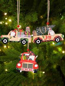 1 pieza Adorno de coche de Navidad pintado de madera, decoración con patrón de Santa Claus y muñeco de nieve, adornos de coche de madera con Santa y cuadros a cuadros, perfectos para fiestas y eventos de vacaciones, mejor regalo - Multicolor - Ver 2