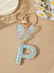 1pc Creative Keychain With Letter Stone Resin Pendant, Butterfly Tassel Letter Charm Keyring For Girls - White - View 30