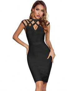 Women's Hollow Out Bandage Party Dress Sleeveless High Neck Bodycon Dresses Club - 黑色 - 查看 3
