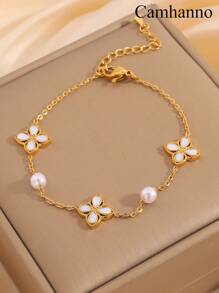 Camhanno 1 件轻奢时尚不锈钢四叶花百搭手链适合节日女友情人节