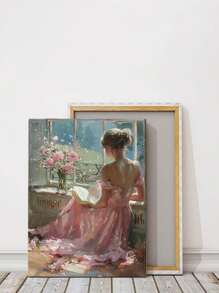 1 件帆布墙面艺术海报家居装饰礼品，捕捉身着飘逸玫瑰色连衣裙的女子之美，在盛开的鲜花环绕的阳光窗边阅读，可直接悬挂，可选带框 - 彩色 - 查看 2