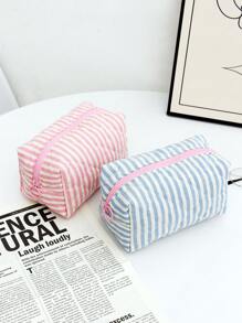 1pc Blue Striped Quilted Cosmetic Bag, Ditsy Floral Pattern Cosmetic Bag, Dual-Color Striped Cosmetic Bag, Minimalist Multi-Function Cosmetic Bag, Zipper Large Opening Portable Travel Bag. The Cosmetic Bag Can Store Cosmetics, Lipsticks, Sanitary Napkins, Makeup Brushes, Coins, Keys, Earphones, Earbuds, Earphone Cables And Other Accessories