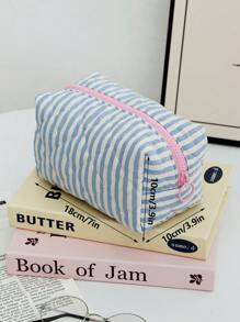 1pc Blue Striped Quilted Cosmetic Bag, Ditsy Floral Pattern Cosmetic Bag, Dual-Color Striped Cosmetic Bag, Minimalist Multi-Function Cosmetic Bag, Zipper Large Opening Portable Travel Bag. The Cosmetic Bag Can Store Cosmetics, Lipsticks, Sanitary Napkins, Makeup Brushes, Coins, Keys, Earphones, Earbuds, Earphone Cables And Other Accessories