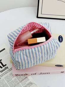 1pc Blue Striped Quilted Cosmetic Bag, Ditsy Floral Pattern Cosmetic Bag, Dual-Color Striped Cosmetic Bag, Minimalist Multi-Function Cosmetic Bag, Zipper Large Opening Portable Travel Bag. The Cosmetic Bag Can Store Cosmetics, Lipsticks, Sanitary Napkins, Makeup Brushes, Coins, Keys, Earphones, Earbuds, Earphone Cables And Other Accessories