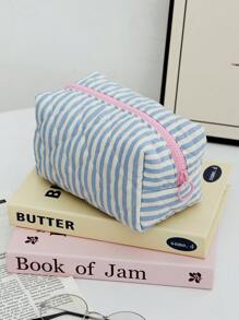 1pc Blue Striped Quilted Cosmetic Bag, Ditsy Floral Pattern Cosmetic Bag, Dual-Color Striped Cosmetic Bag, Minimalist Multi-Function Cosmetic Bag, Zipper Large Opening Portable Travel Bag. The Cosmetic Bag Can Store Cosmetics, Lipsticks, Sanitary Napkins, Makeup Brushes, Coins, Keys, Earphones, Earbuds, Earphone Cables And Other Accessories