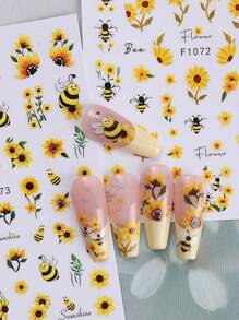 4pcs Yellow Flower Butterfly Nail Art Stickers, 3D Butterfly Bee Flower Vine Design Self-Adhesive Elegant Stickers, DIY Nail Decor, Suitable For Women And Girls - Multicolor - View 8