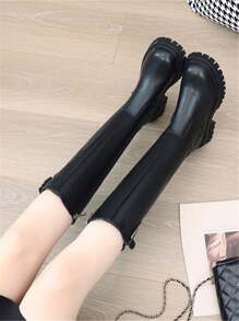 Ghete de călărie înalte, negre, mărimea 43, pentru femei, talpă groasă, curea cu cataramă, cizme peste genunchi, croială slim, toamnă/iarnă - Negru - Vizualizare 2