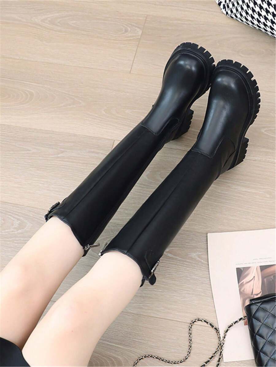 Ghete de călărie înalte, negre, mărimea 43, pentru femei, talpă groasă, curea cu cataramă, cizme peste genunchi, croială slim, toamnă/iarnă