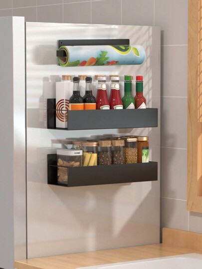 1/2/3 peças de prateleira de armazenamento magnético, prateleira de armazenamento lateral de geladeira, prateleira de temperos magnética, prateleira de papel toalha magnética, prateleira de temperos magnética de combinação faça você mesmo, prateleira de geladeira magnética, acessórios de cozinha