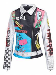 Faux Women's Leather Jacket  Studded Studded  Floral Motorcycle Biker Coat - Bạc - Xem 3