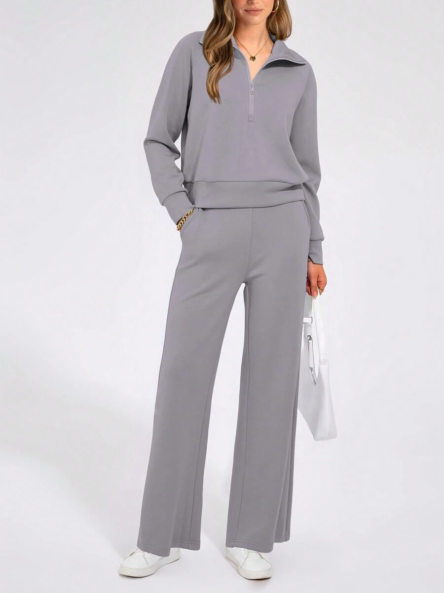 Women's 2 Piece Outfits Casual Lapel Half Zip Sweatshirts And Wide Leg Pants Tracksuit Sets - 灰色 - 查看 1