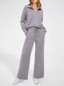 Women's 2 Piece Outfits Casual Lapel Half Zip Sweatshirts And Wide Leg Pants Tracksuit Sets - 灰色 - 查看 4