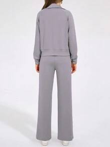 Women's 2 Piece Outfits Casual Lapel Half Zip Sweatshirts And Wide Leg Pants Tracksuit Sets - 灰色 - 查看 2