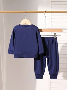 2 Packs Fashionable Baby Boy Letter Print Long Sleeve And Letter Print Trousers Set - Navy Blue - View 2