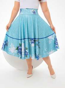 Sky Blue Floral Printed Midi Godet SKIRT Evangelical Christian Women's Fashion - Baby Blue - View 2
