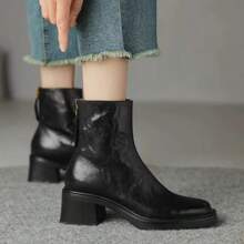 女士黑色方头切尔西踝靴，粗高跟厚底 - 黑色 - 查看 4