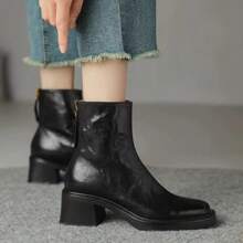 女士黑色方头切尔西踝靴，粗高跟厚底 - 黑色 - 查看 2