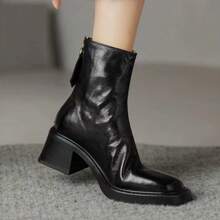 女士黑色方头切尔西踝靴，粗高跟厚底 - 黑色 - 查看 1