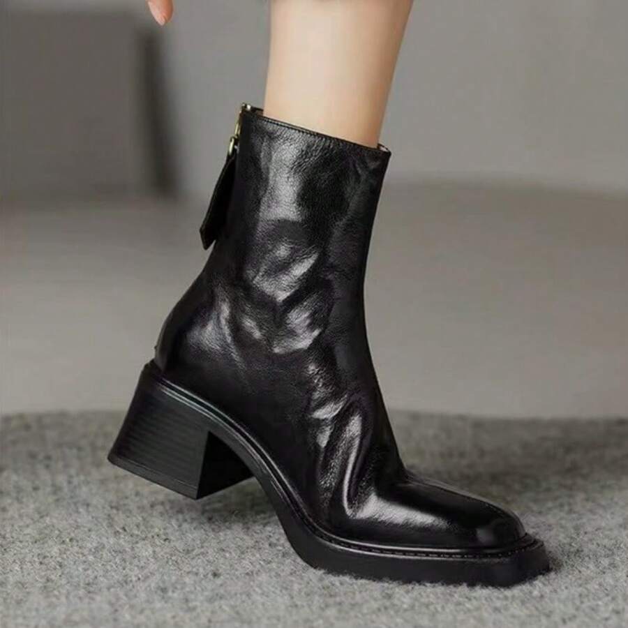 女士黑色方头切尔西踝靴，粗高跟厚底 - 黑色 - 查看 1