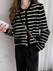 Alicedudu 女士秋冬季经典条纹休闲开衫，长袖上衣