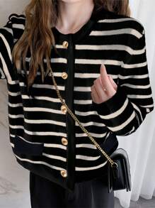 Alicedudu 女士秋冬季经典条纹休闲开衫，长袖上衣