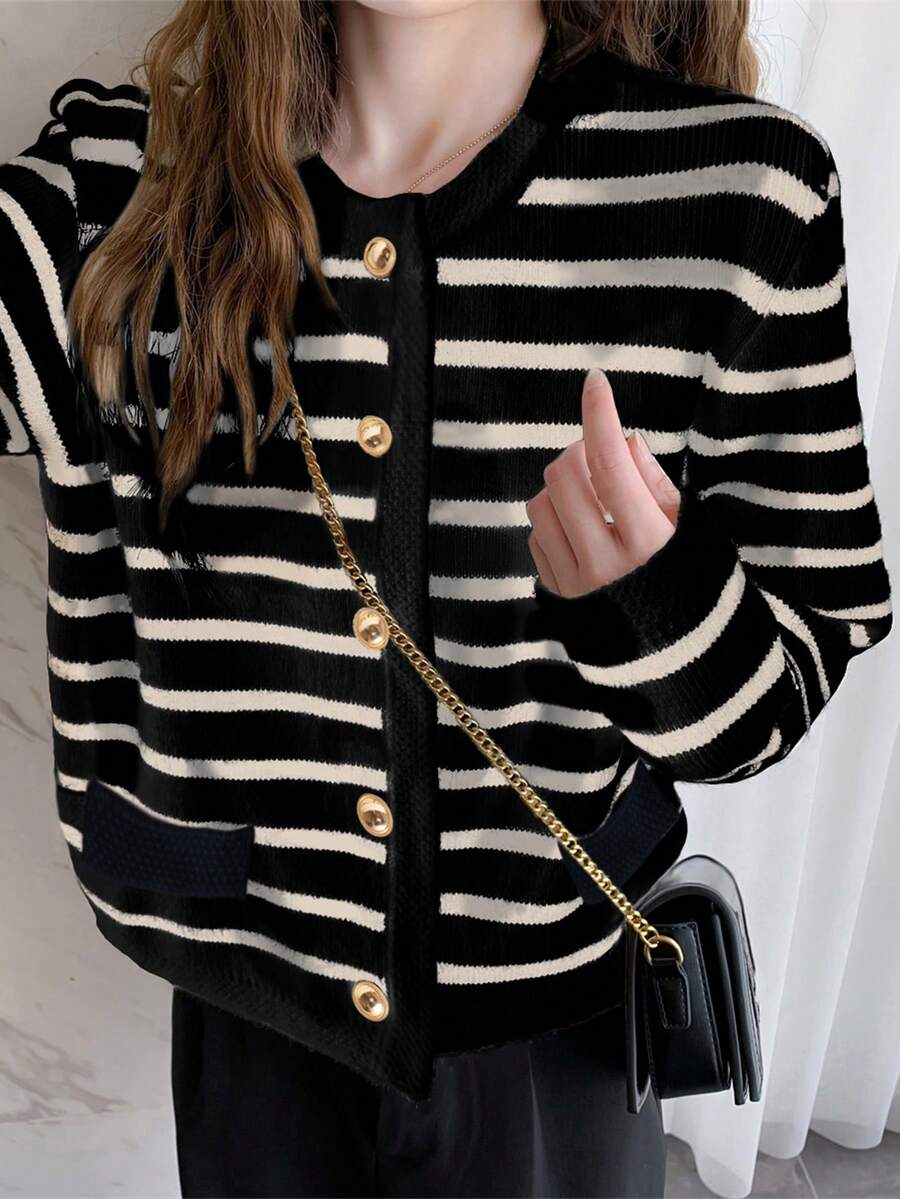 Alicedudu 女士秋冬季经典条纹休闲开衫，长袖上衣