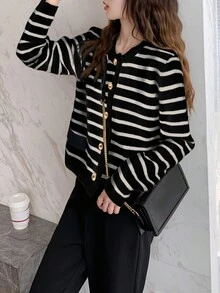 Alicedudu 女士秋冬季经典条纹休闲开衫，长袖上衣