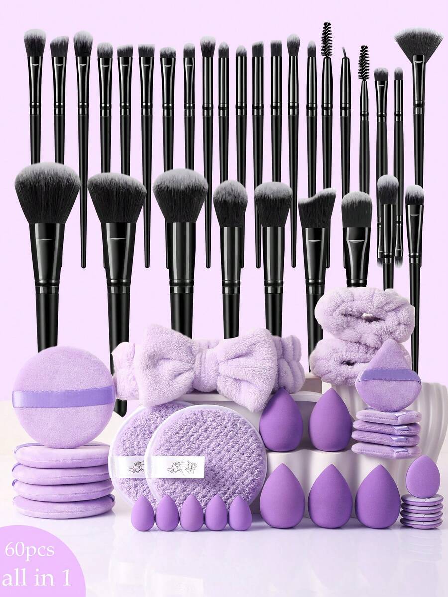 60件套化妆刷套装，包含30支化妆刷和5个化妆海绵，适用于液体化妆品。产品名称：化妆刷套装、化妆刷套装、化妆刷套装、完整化妆套装、化妆刷套装、完整化妆套装、刷子套装、化妆刷套装、化妆礼品套装、套装、赠品、专业化妆刷、完整化妆套装。 - 彩色 - 查看 1