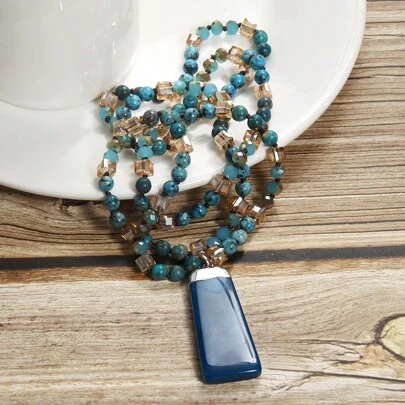 1pc Fashionable Bohemian Vintage Natural Stone Glass Knotted Necklace With Square Agate Pendant, For Women Sweater Necklace Daily Wear
