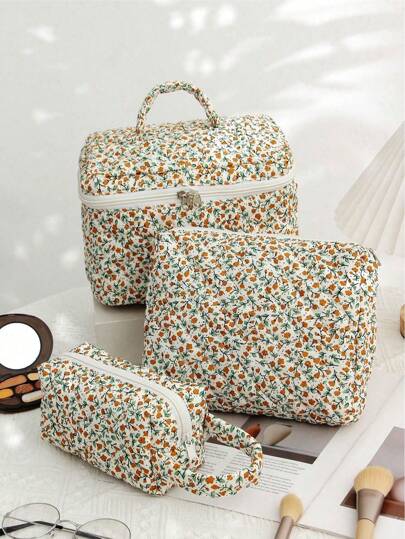 1pc/Set Floral Cute Casual Zipper Makeup Bag Large Capacity Printed Kit Handbag Portable Cosmetic Pouch Stationery Organizer Set, Suitable For Women Travel Makeup Tools And Toiletries Carrying, Lipstick Glasses Aunt Towel Storage Gift For Friends And Teachers, Ladies Organizer Bag Make Up Bag