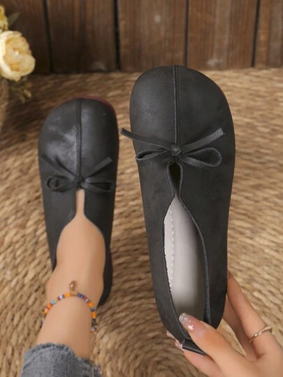 女士休闲纯色软底圆头芭蕾平底鞋，蝴蝶结装饰时尚一脚蹬乐福鞋