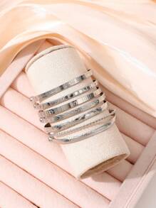 7件套欧美风格手镯套装，锤纹、箭头、花卉、夸张六芒星设计，扭开式手镯，珠宝礼品 - 銀色 - 查看 3