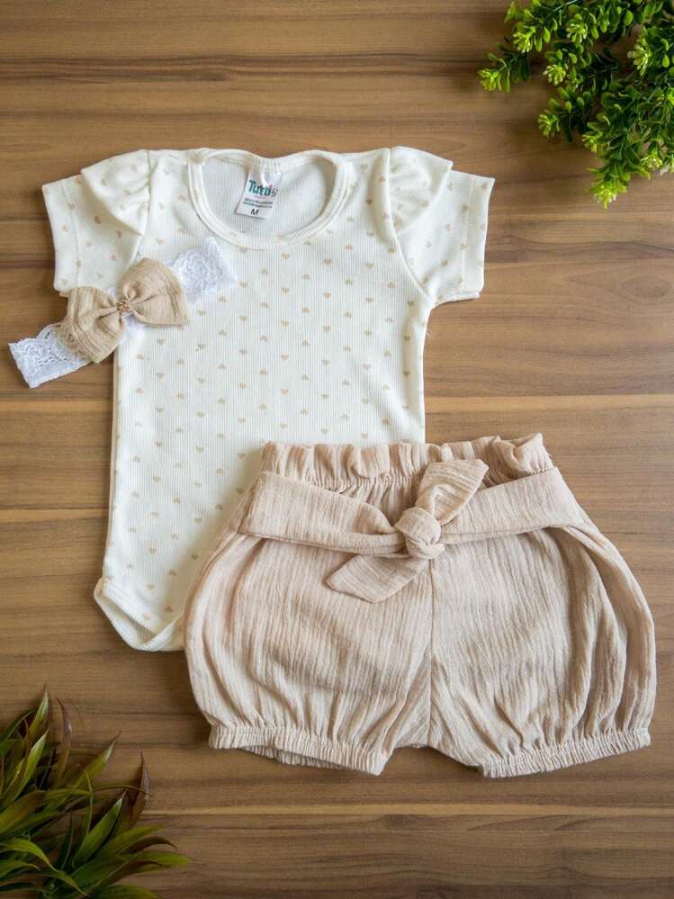 Baby Girl Set Bodysuit + Shorts + Headband - Màu be - Xem 1
