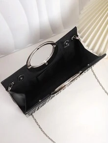 新款设计水钻装饰小方形手拿包，女士晚会单肩包，新娘婚礼手提包，优雅高端，适合婚礼、派对、生日、礼物、俱乐部和夜间活动 - 黑色 - 查看 6