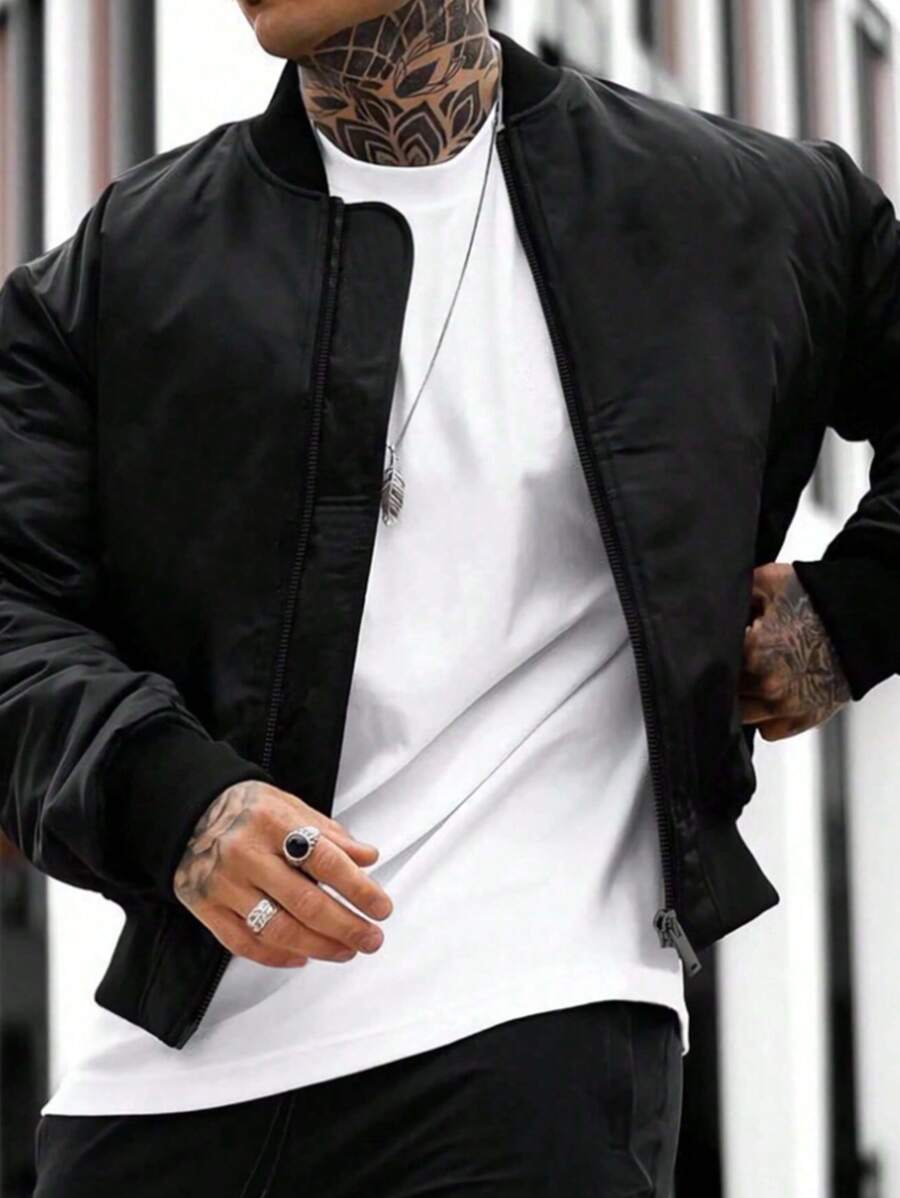 Men Spring Autumn Lightweight Casual Baseball Jacket, Fashion Outerwear With Long Sleeve & Zip Up - Black - View 1