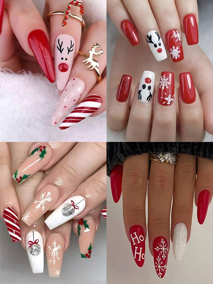 4 包（96 件）圣诞渐变粉色按压指甲，混合几何条纹雪花小鹿星形指甲，带花朵闪亮闪光设计长杏仁和棺材胶指甲套装，带粘性标签指甲锉，适合女士 - Follow Your Heart - 查看 1