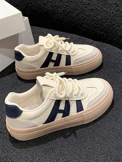 Zapatillas de deporte con bloque de color blanco y camello, cordones, punta redonda, suela gruesa, cómodas, transpirables, casuales, adecuadas para fiesta, uso diario, vacaciones y regalos de cumpleaños para mujeres