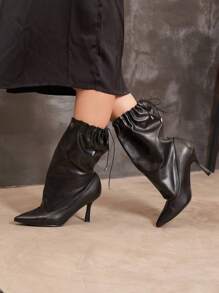 Black Stiletto Heel Boots With Pleated Effect - Adjustable And Glamorous Style - Black - View 2