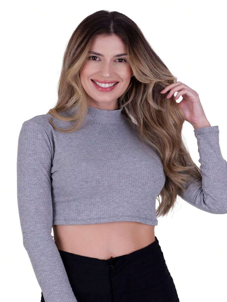 Cropped Long Sleeve Winter Blouse High Neck Ivie - 灰色 - 查看 1