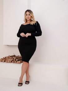 Plus Size Short Dress Off The Shoulder With Wrap Neckline - 黑色 - 查看 3