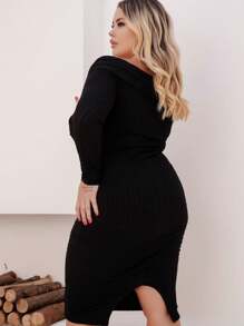Plus Size Short Dress Off The Shoulder With Wrap Neckline - 黑色 - 查看 2