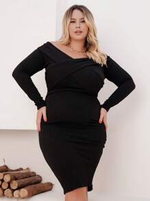 Plus Size Short Dress Off The Shoulder With Wrap Neckline - 黑色 - 查看 1