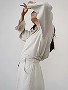 女士系扣长袖休闲宽松时尚衬衫 - 淺灰色 - 查看 4