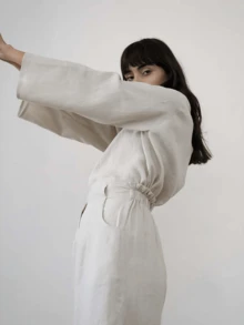 女士系扣长袖休闲宽松时尚衬衫 - 淺灰色 - 查看 3